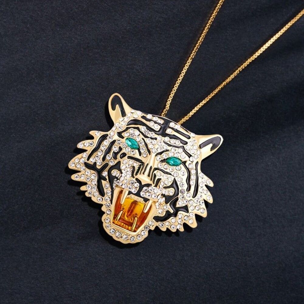 Statement Tiger Head Roaring Brooch Pin Pendant Gold Tone Rhinestone Black Ename - Picture 2 of 6